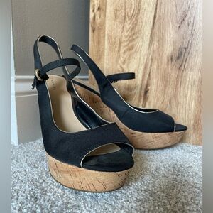 Tahari Black Mary Jane Platform Peep Toe Cork Heel Gold Strap Buckle Slingback